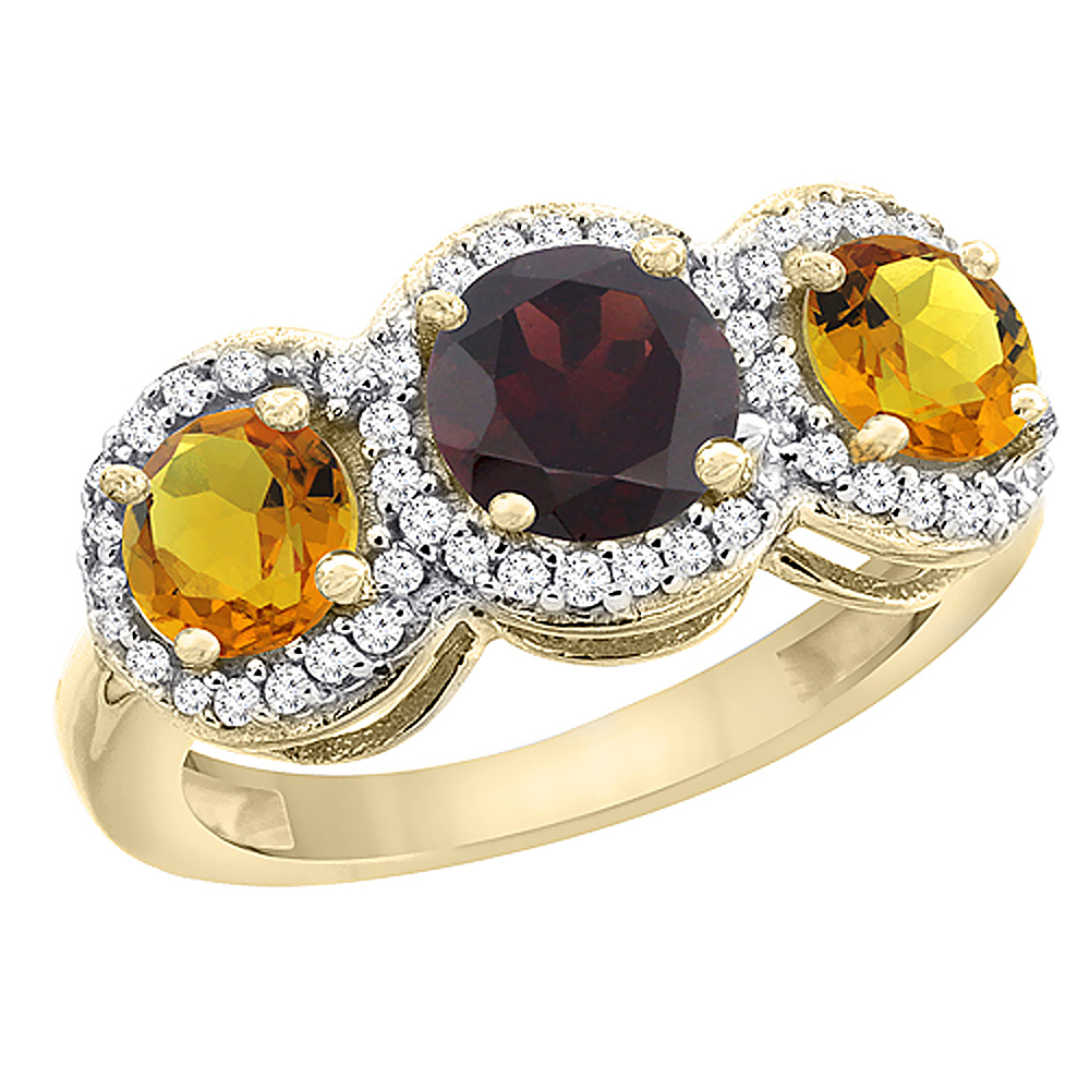 10K Yellow Gold Natural Garnet &amp; Citrine Sides Round 3-stone Ring Diamond Accents, sizes 5 - 10