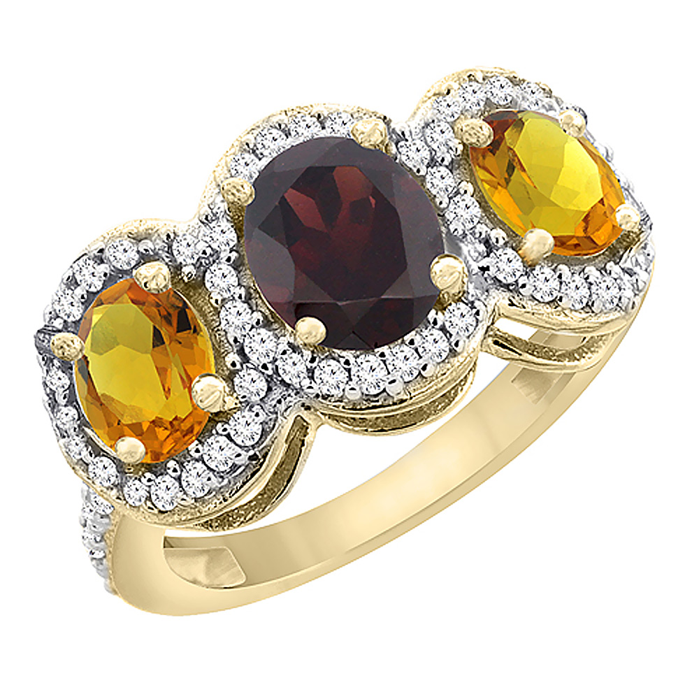 10K Yellow Gold Natural Garnet &amp; Citrine 3-Stone Ring Oval Diamond Accent, sizes 5 - 10