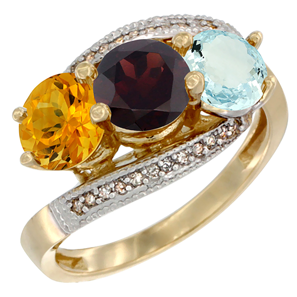 10K Yellow Gold Natural Citrine, Garnet & Aquamarine 3 stone Ring Round 6mm Diamond Accent, sizes 5 - 10