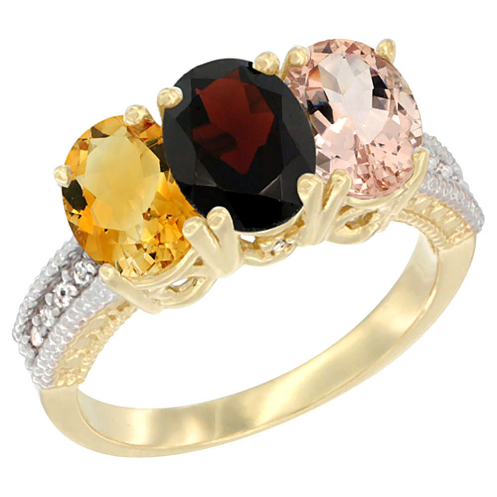 10K Yellow Gold Diamond Natural Citrine, Garnet & Morganite Ring 3-Stone 7x5 mm Oval, sizes 5 - 10