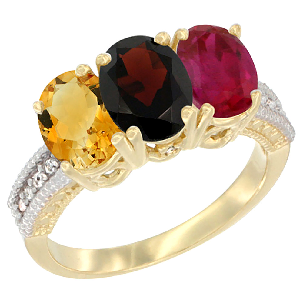 10K Yellow Gold Diamond Natural Citrine, Garnet &amp; Enhanced Ruby Ring 3-Stone 7x5 mm Oval, sizes 5 - 10