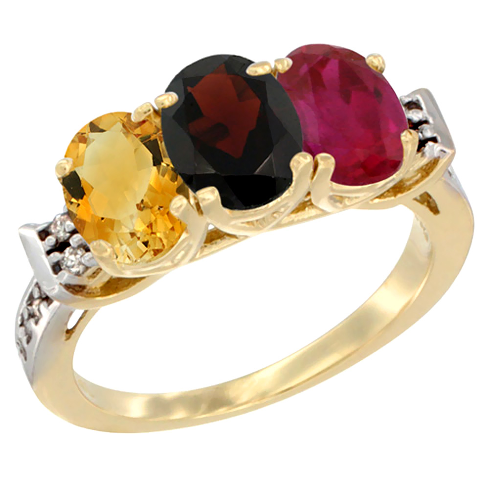 10K Yellow Gold Natural Citrine, Garnet & Enhanced Ruby Ring 3-Stone Oval 7x5 mm Diamond Accent, sizes 5 - 10
