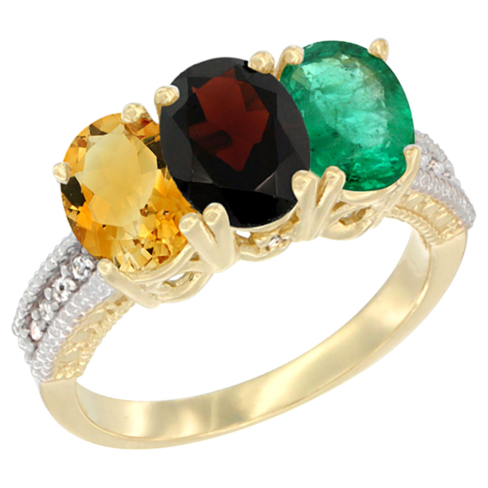 14K Yellow Gold Natural Citrine, Garnet & Emerald Ring 3-Stone 7x5 mm Oval Diamond Accent, sizes 5 - 10