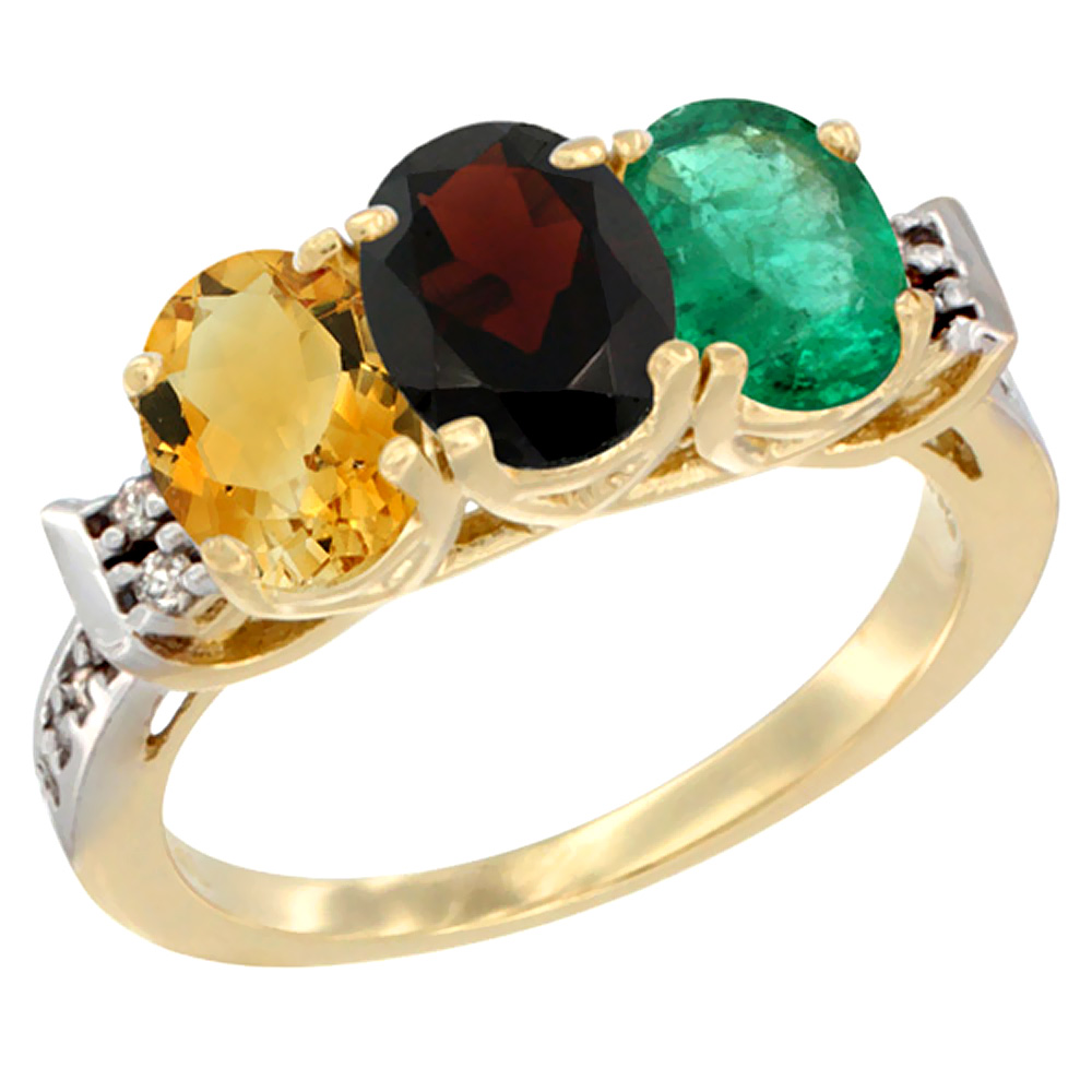14K Yellow Gold Natural Citrine, Garnet & Emerald Ring 3-Stone 7x5 mm Oval Diamond Accent, sizes 5 - 10