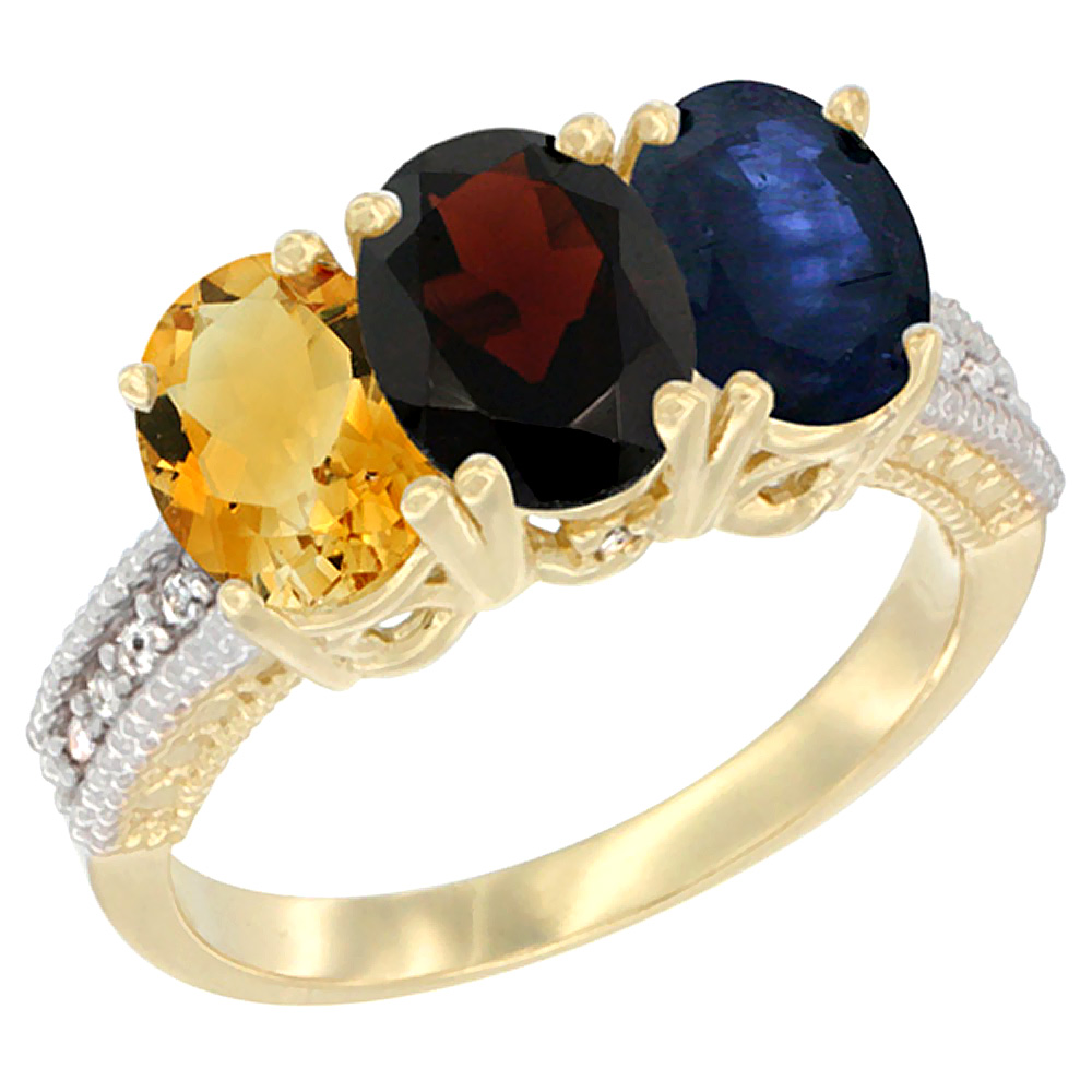 14K Yellow Gold Natural Citrine, Garnet & Blue Sapphire Ring 3-Stone 7x5 mm Oval Diamond Accent, sizes 5 - 10
