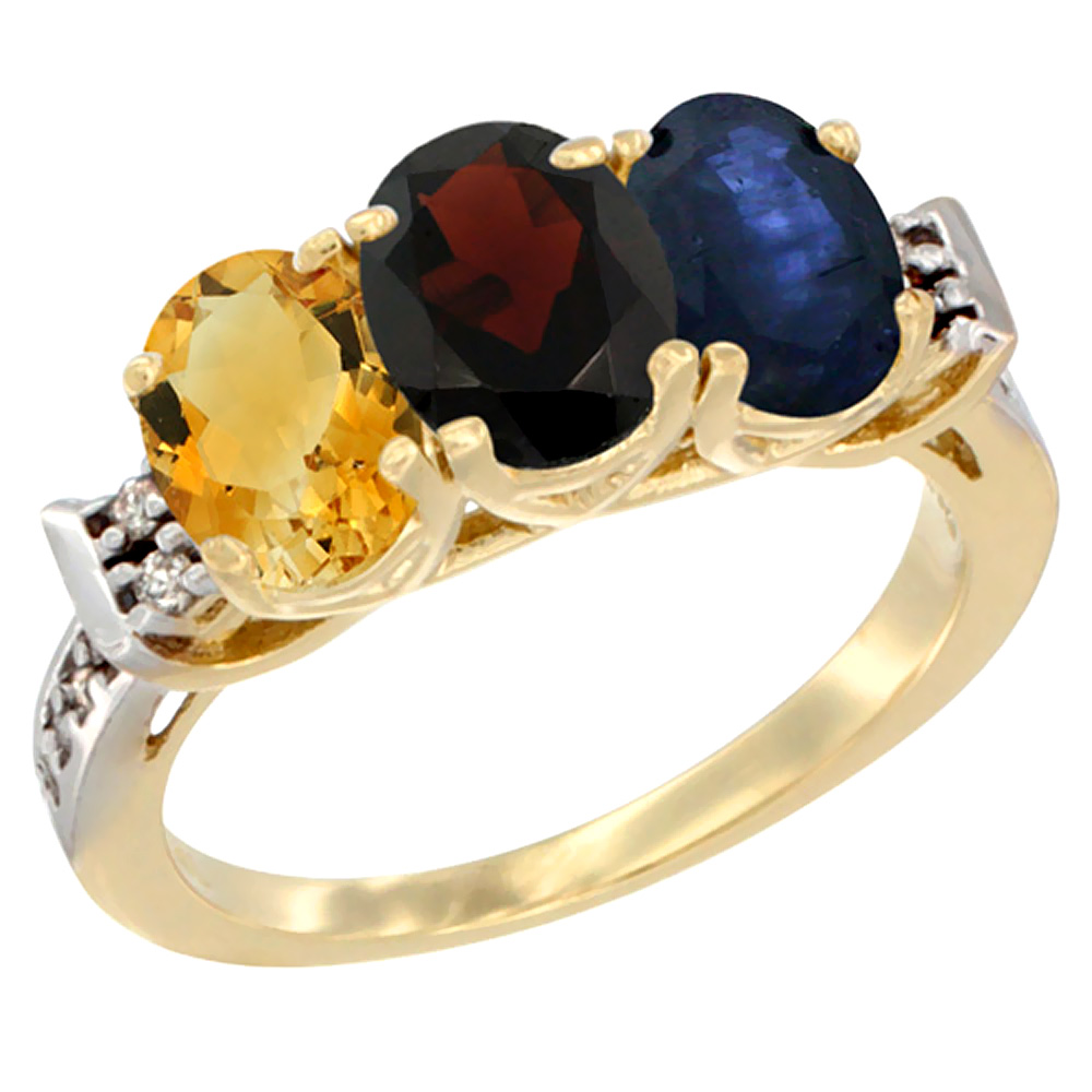 14K Yellow Gold Natural Citrine, Garnet & Blue Sapphire Ring 3-Stone 7x5 mm Oval Diamond Accent, sizes 5 - 10