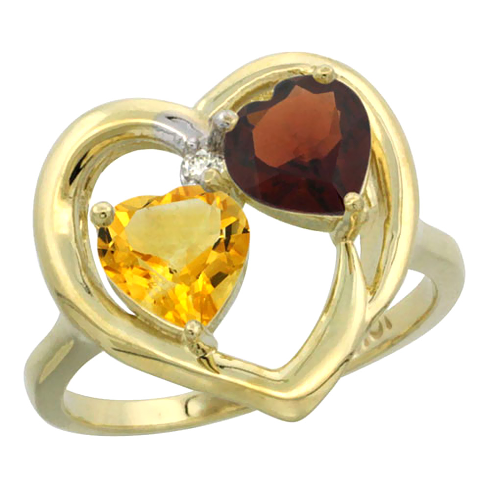 10K Yellow Gold Diamond Two-stone Heart Ring 6mm Natural Citrine &amp; Garnet, sizes 5-10