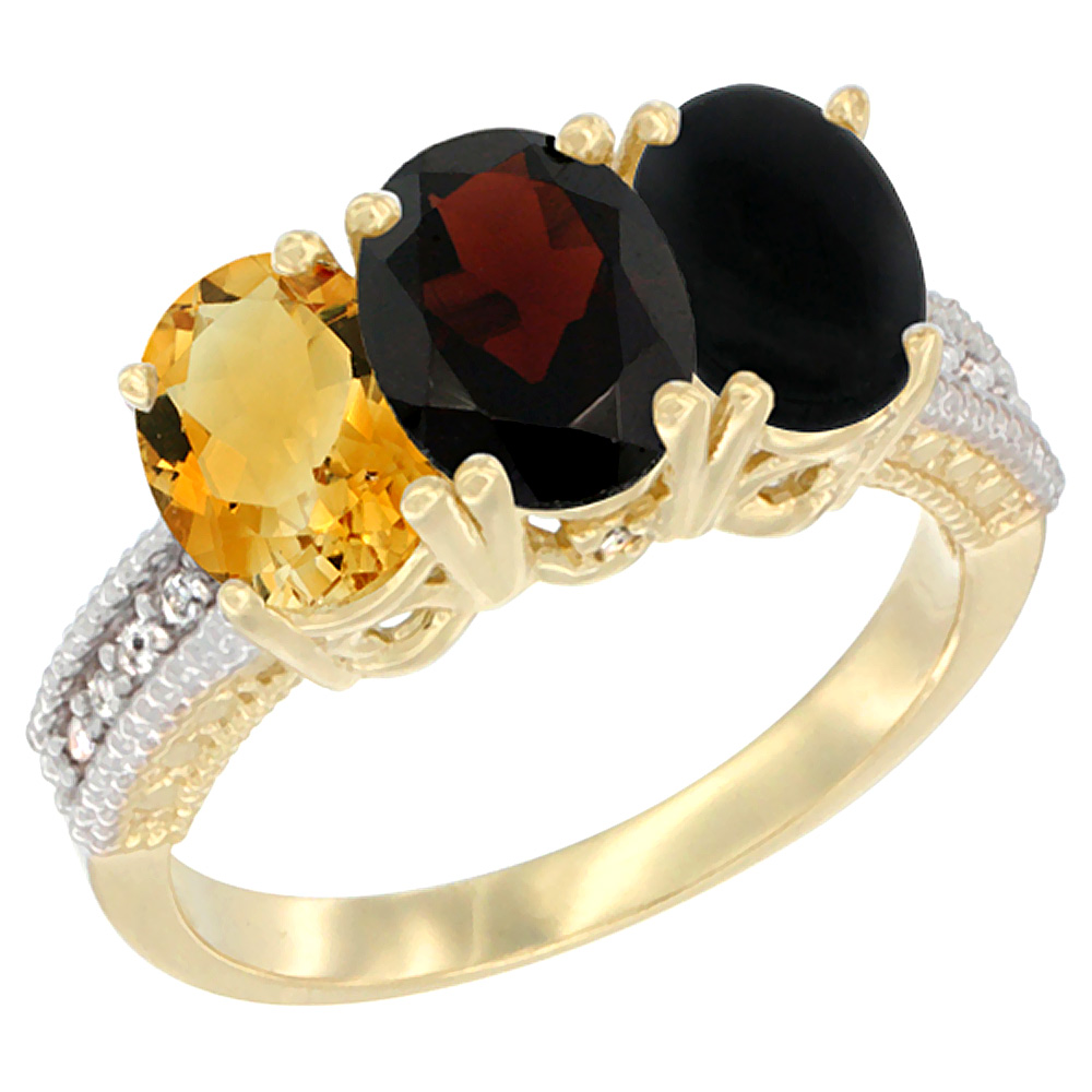 10K Yellow Gold Diamond Natural Citrine, Garnet &amp; Black Onyx Ring 3-Stone 7x5 mm Oval, sizes 5 - 10