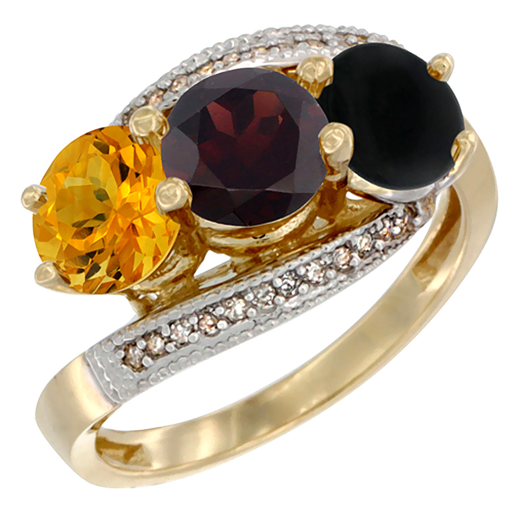 10K Yellow Gold Natural Citrine, Garnet &amp; Black Onyx 3 stone Ring Round 6mm Diamond Accent, sizes 5 - 10