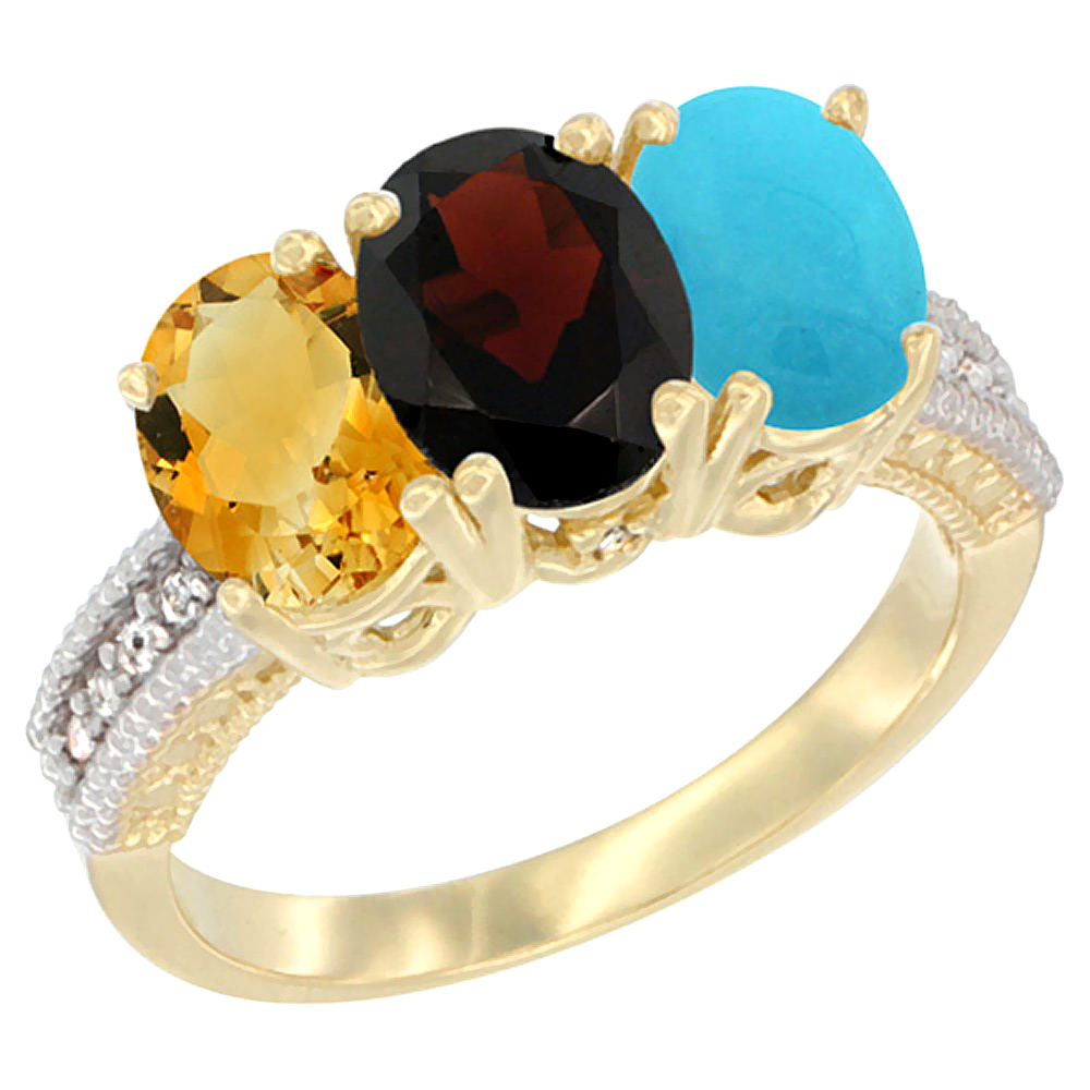 10K Yellow Gold Diamond Natural Citrine, Garnet &amp; Turquoise Ring 3-Stone 7x5 mm Oval, sizes 5 - 10