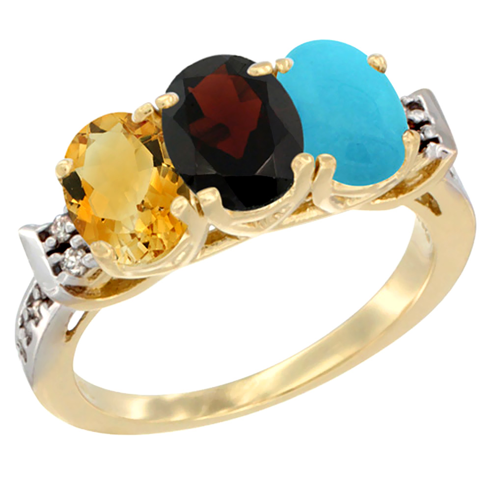 10K Yellow Gold Natural Citrine, Garnet &amp; Turquoise Ring 3-Stone Oval 7x5 mm Diamond Accent, sizes 5 - 10