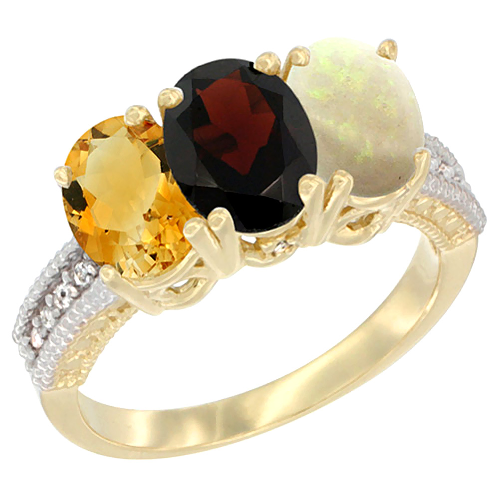 10K Yellow Gold Diamond Natural Citrine, Garnet & Opal Ring 3-Stone 7x5 mm Oval, sizes 5 - 10