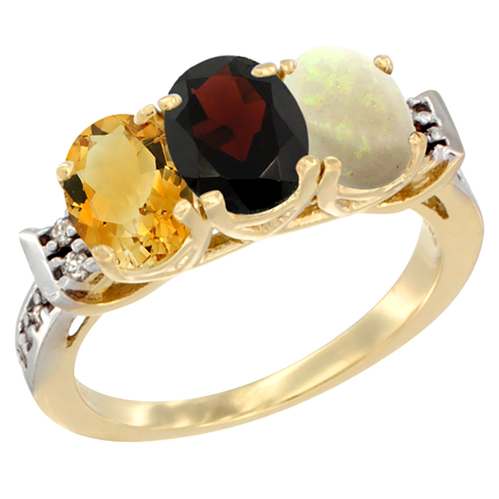 10K Yellow Gold Natural Citrine, Garnet & Opal Ring 3-Stone Oval 7x5 mm Diamond Accent, sizes 5 - 10
