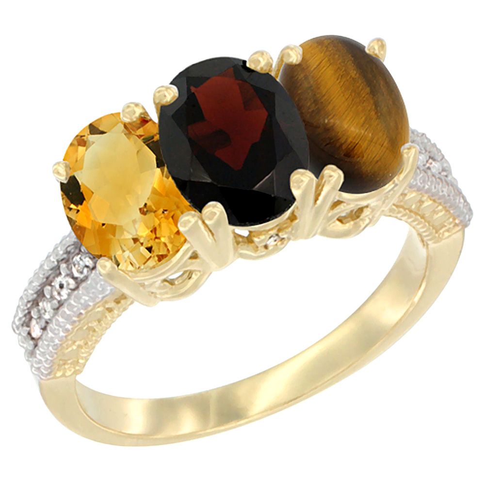 14K Yellow Gold Natural Citrine, Garnet & Tiger Eye Ring 3-Stone 7x5 mm Oval Diamond Accent, sizes 5 - 10