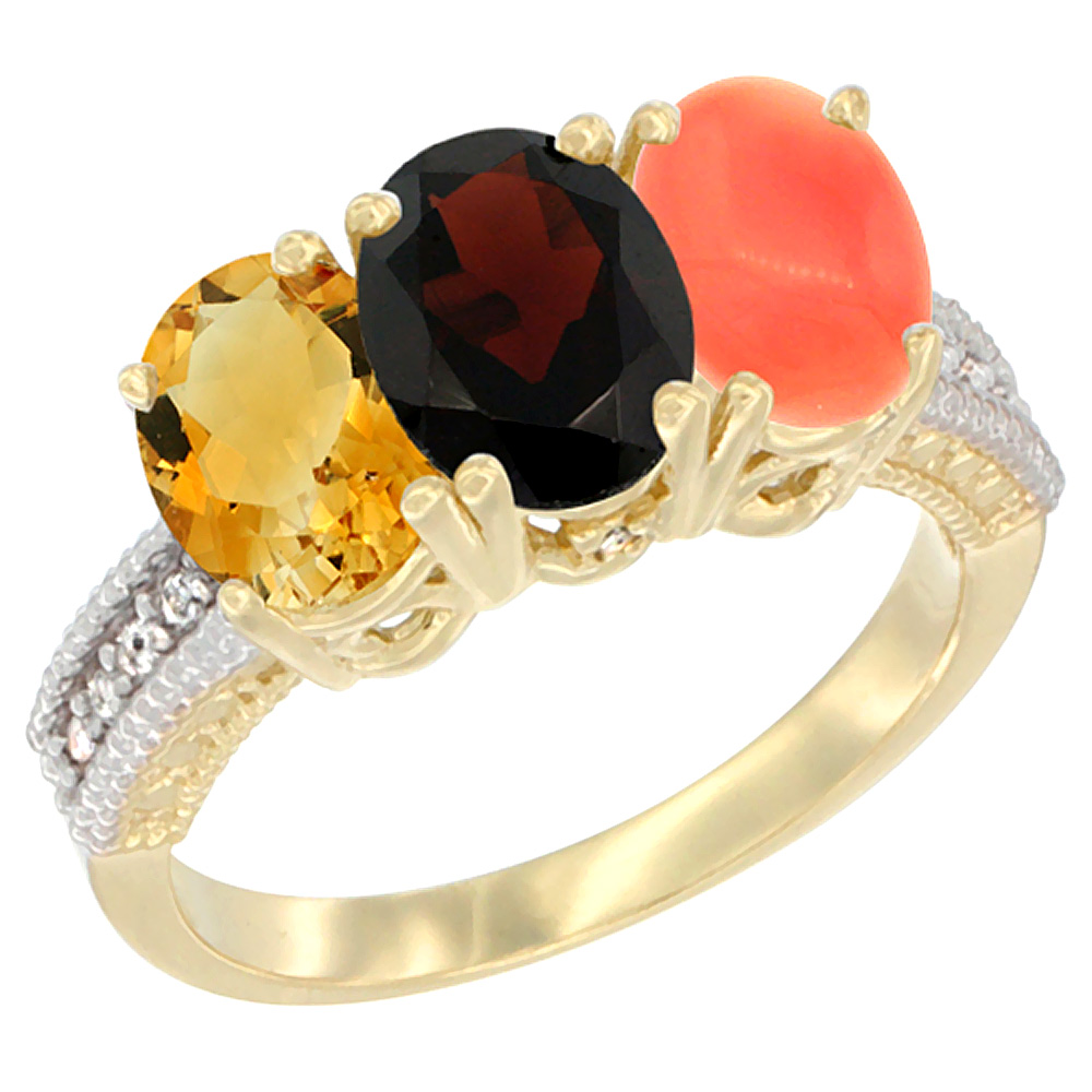 14K Yellow Gold Natural Citrine, Garnet & Coral Ring 3-Stone 7x5 mm Oval Diamond Accent, sizes 5 - 10