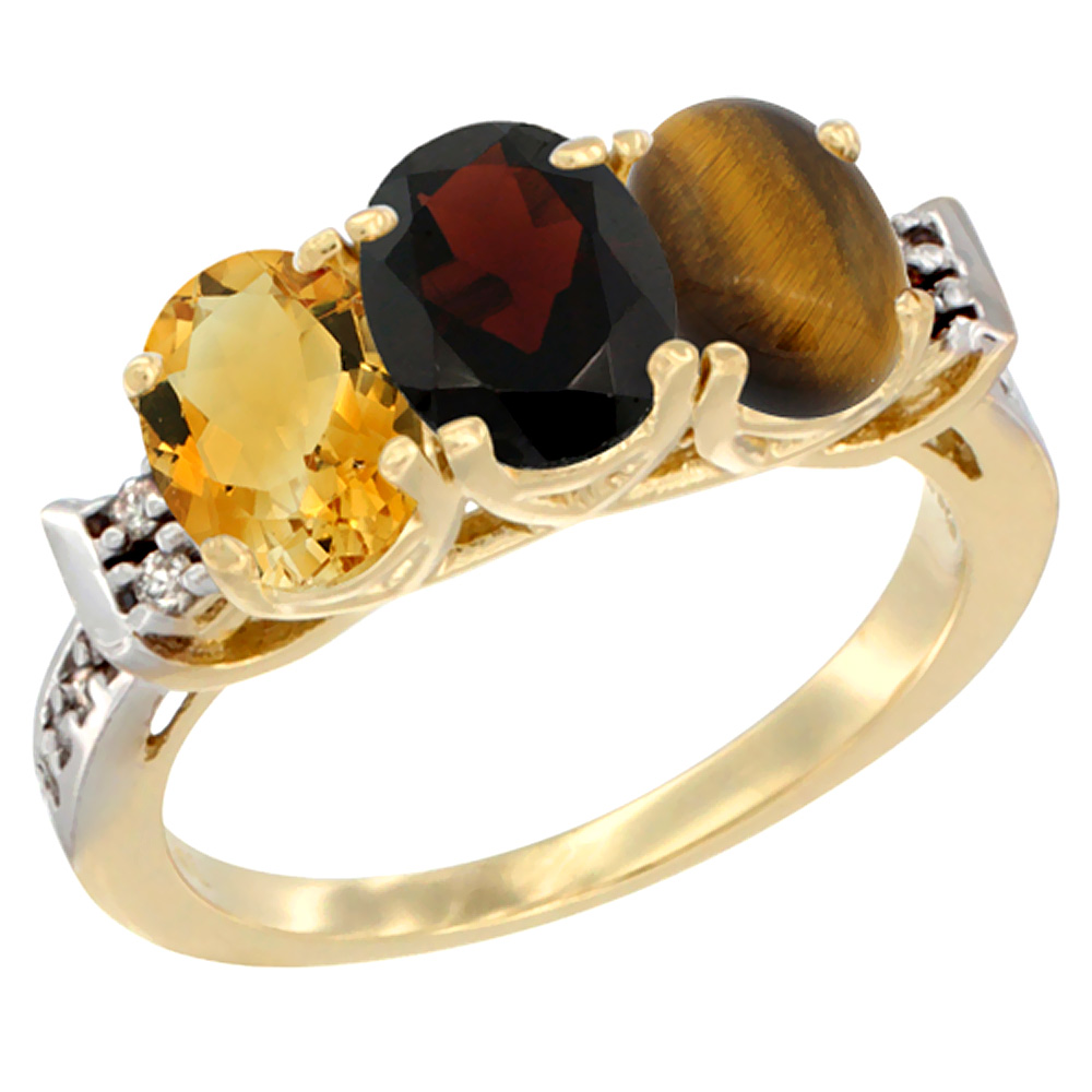 10K Yellow Gold Natural Citrine, Garnet &amp; Coral Ring 3-Stone Oval 7x5 mm Diamond Accent, sizes 5 - 10