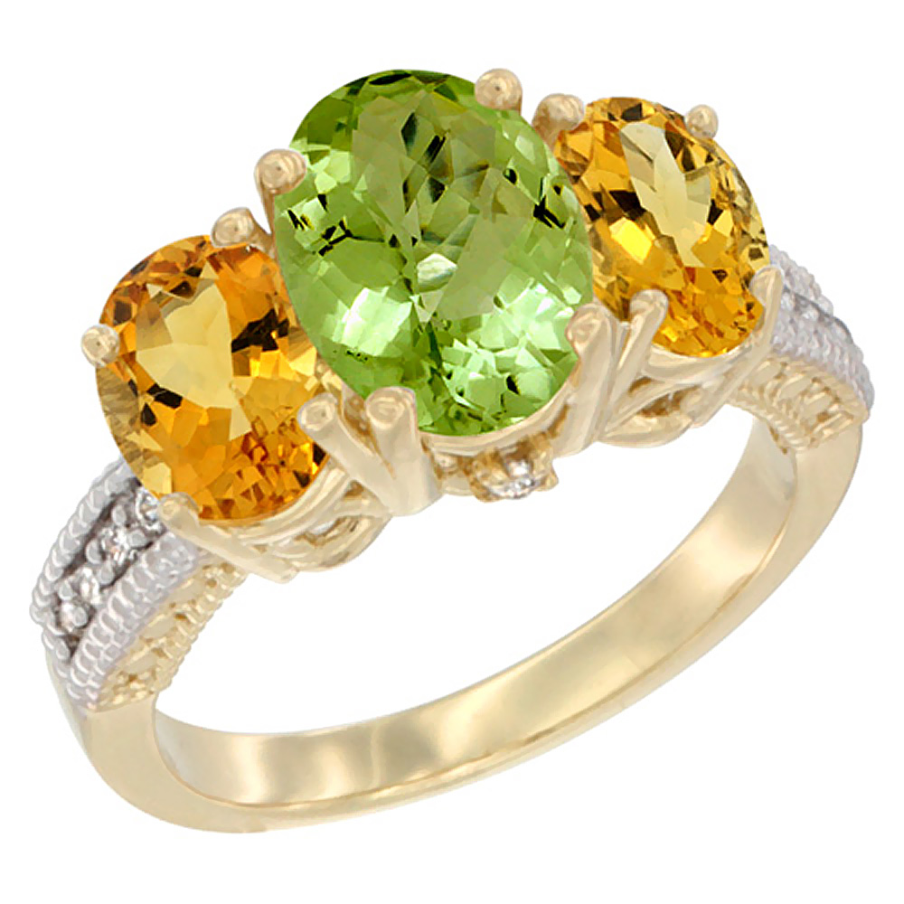 10K Yellow Gold Diamond Natural Peridot Ring 3-Stone Oval 8x6mm with Citrine, sizes5-10