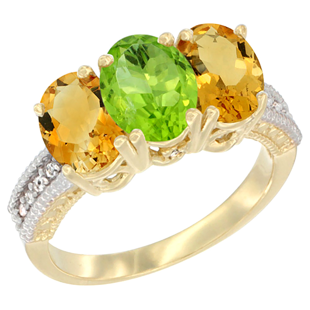 14K Yellow Gold Natural Peridot &amp; Citrine Sides Ring 3-Stone 7x5 mm Oval Diamond Accent, sizes 5 - 10