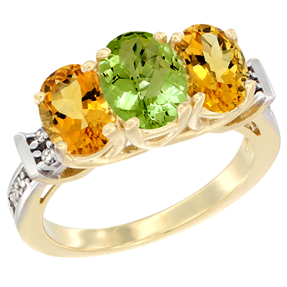 10K Yellow Gold Natural Peridot &amp; Citrine Sides Ring 3-Stone Oval Diamond Accent, sizes 5 - 10