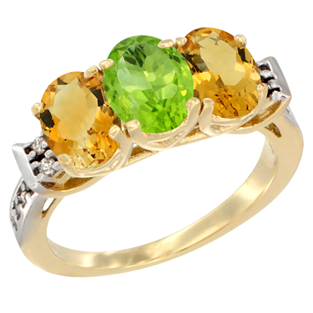 10K Yellow Gold Natural Peridot & Citrine Sides Ring 3-Stone Oval 7x5 mm Diamond Accent, sizes 5 - 10