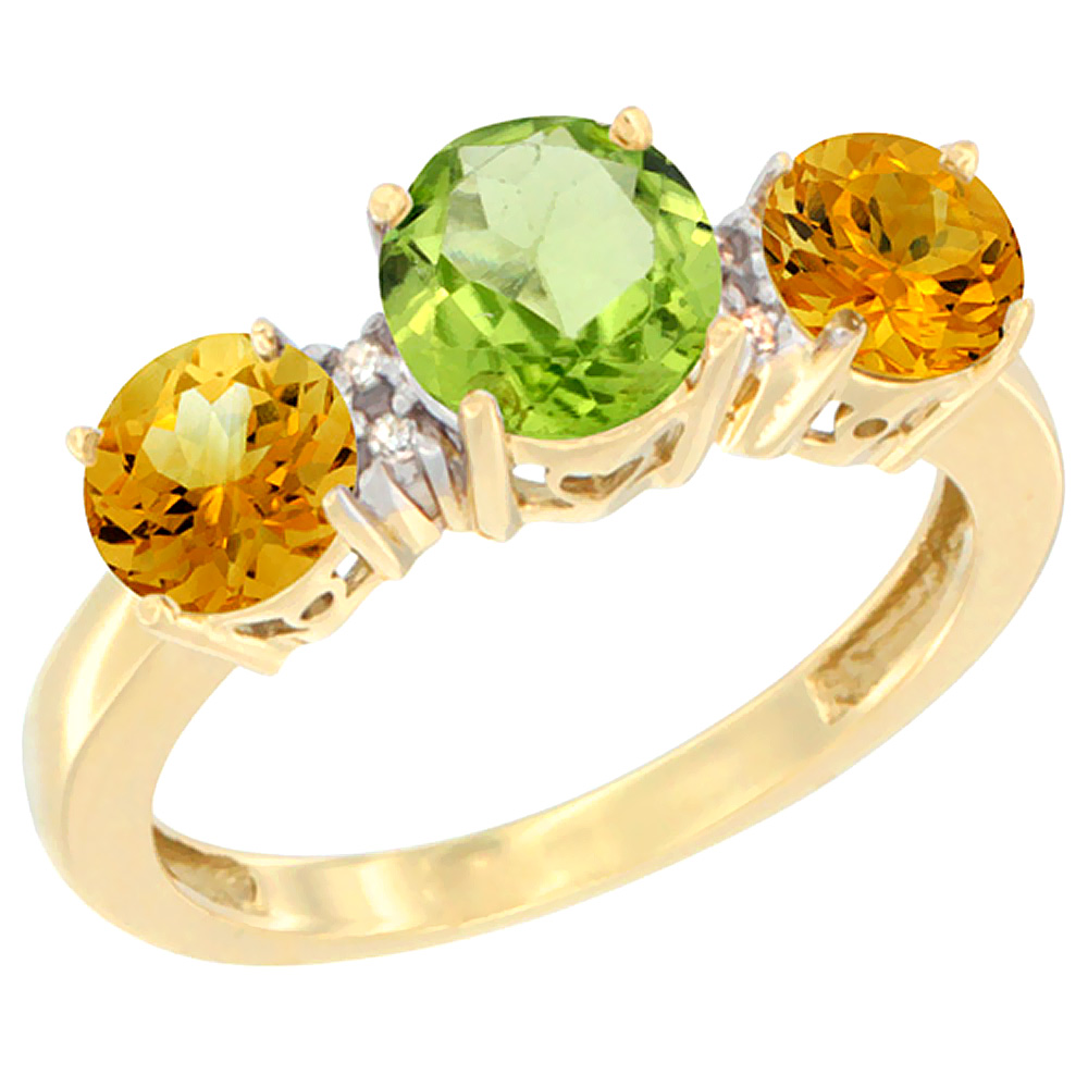 10K Yellow Gold Round 3-Stone Natural Peridot Ring & Citrine Sides Diamond Accent, sizes 5 - 10