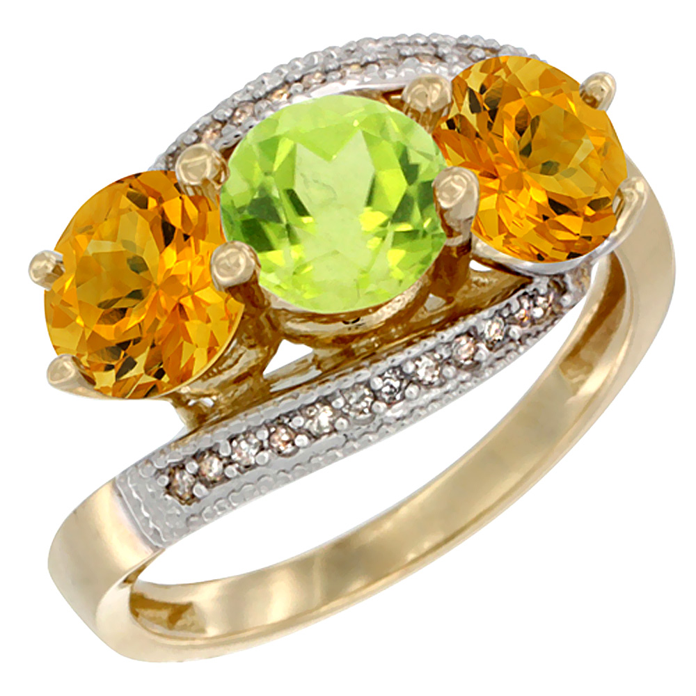 10K Yellow Gold Natural Peridot &amp; Citrine Sides 3 stone Ring Round 6mm Diamond Accent, sizes 5 - 10
