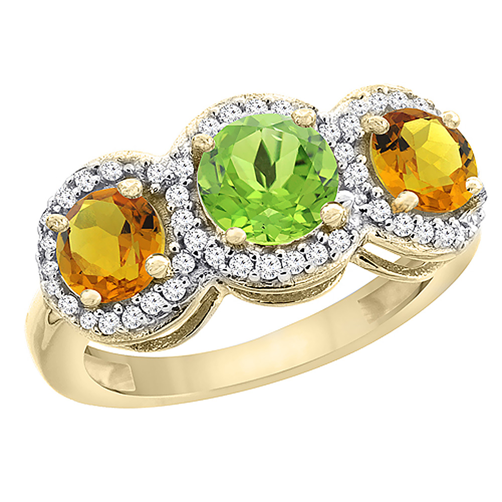 10K Yellow Gold Natural Peridot &amp; Citrine Sides Round 3-stone Ring Diamond Accents, sizes 5 - 10