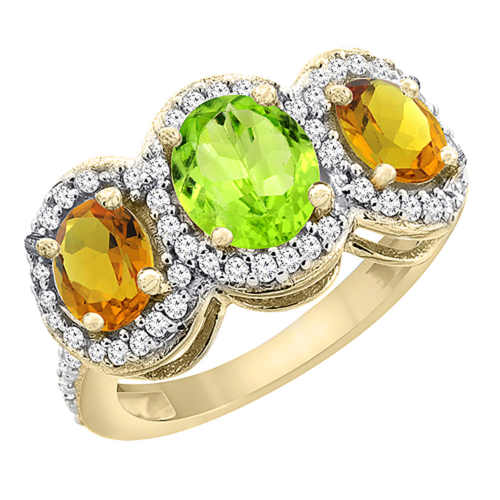 14K Yellow Gold Natural Peridot & Citrine 3-Stone Ring Oval Diamond Accent, sizes 5 - 10