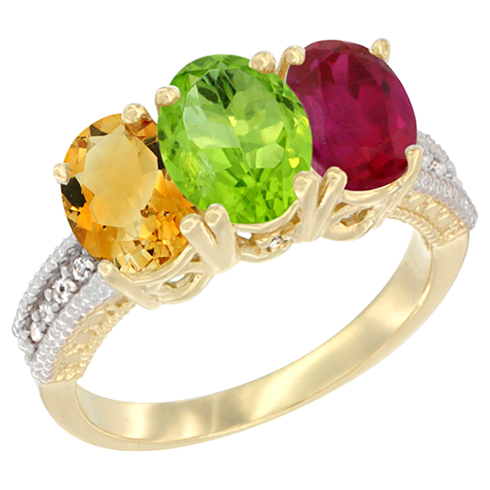 14K Yellow Gold Natural Citrine, Peridot &amp; Enhanced Ruby Ring 3-Stone 7x5 mm Oval Diamond Accent, sizes 5 - 10