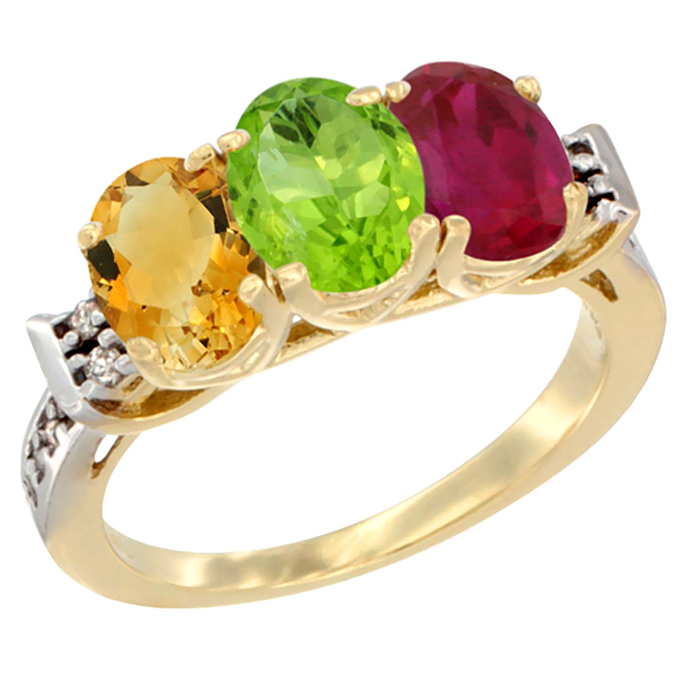 14K Yellow Gold Natural Citrine, Peridot &amp; Enhanced Ruby Ring 3-Stone 7x5 mm Oval Diamond Accent, sizes 5 - 10