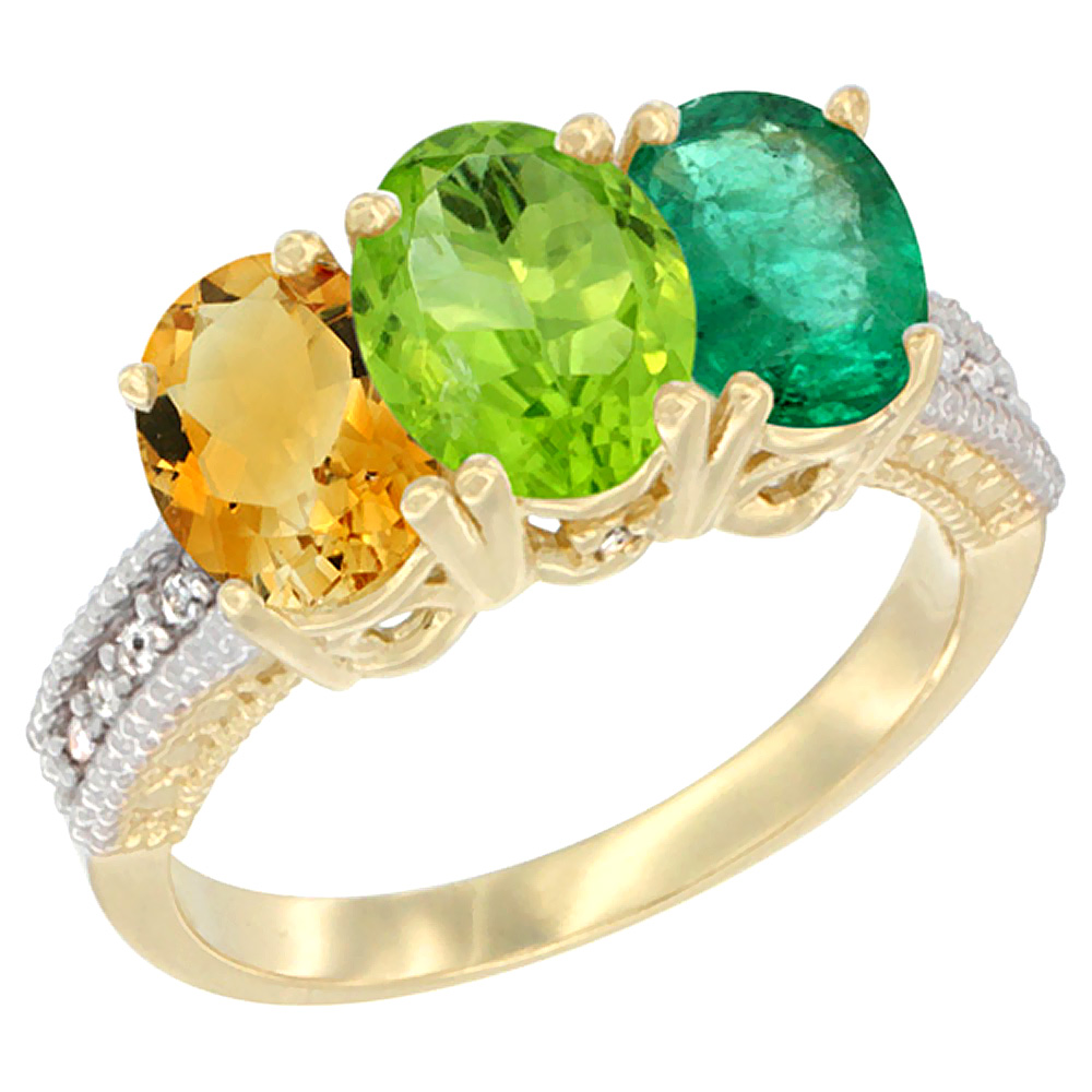 10K Yellow Gold Diamond Natural Citrine, Peridot &amp; Emerald Ring 3-Stone 7x5 mm Oval, sizes 5 - 10