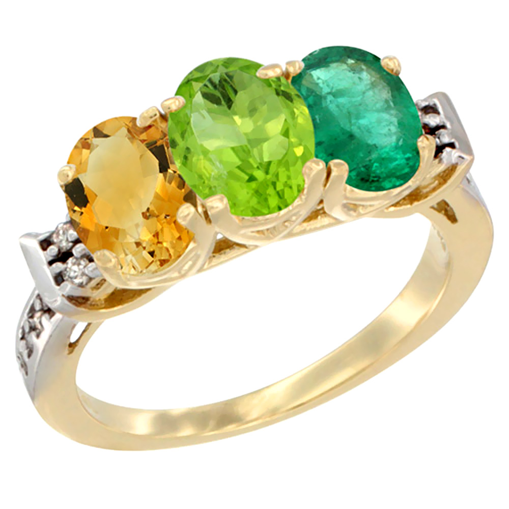 10K Yellow Gold Natural Citrine, Peridot &amp; Emerald Ring 3-Stone Oval 7x5 mm Diamond Accent, sizes 5 - 10
