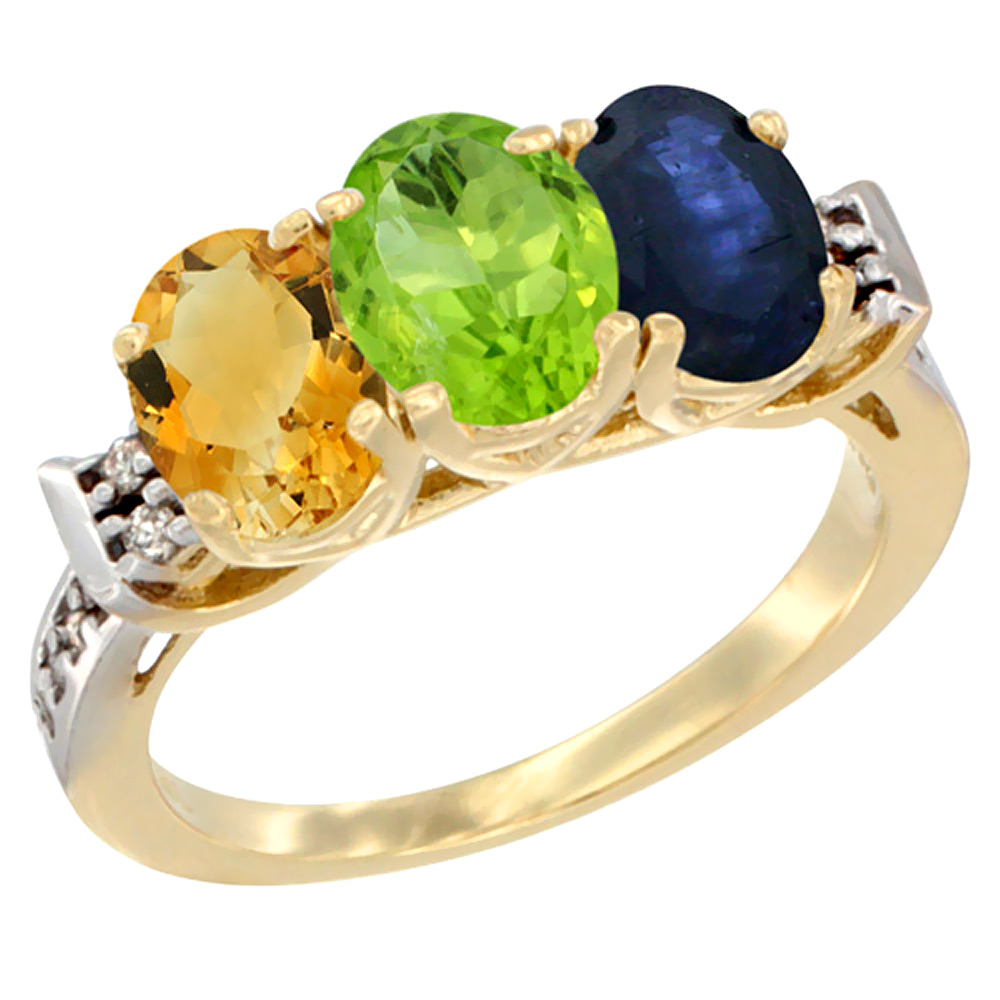 14K Yellow Gold Natural Citrine, Peridot &amp; Blue Sapphire Ring 3-Stone 7x5 mm Oval Diamond Accent, sizes 5 - 10