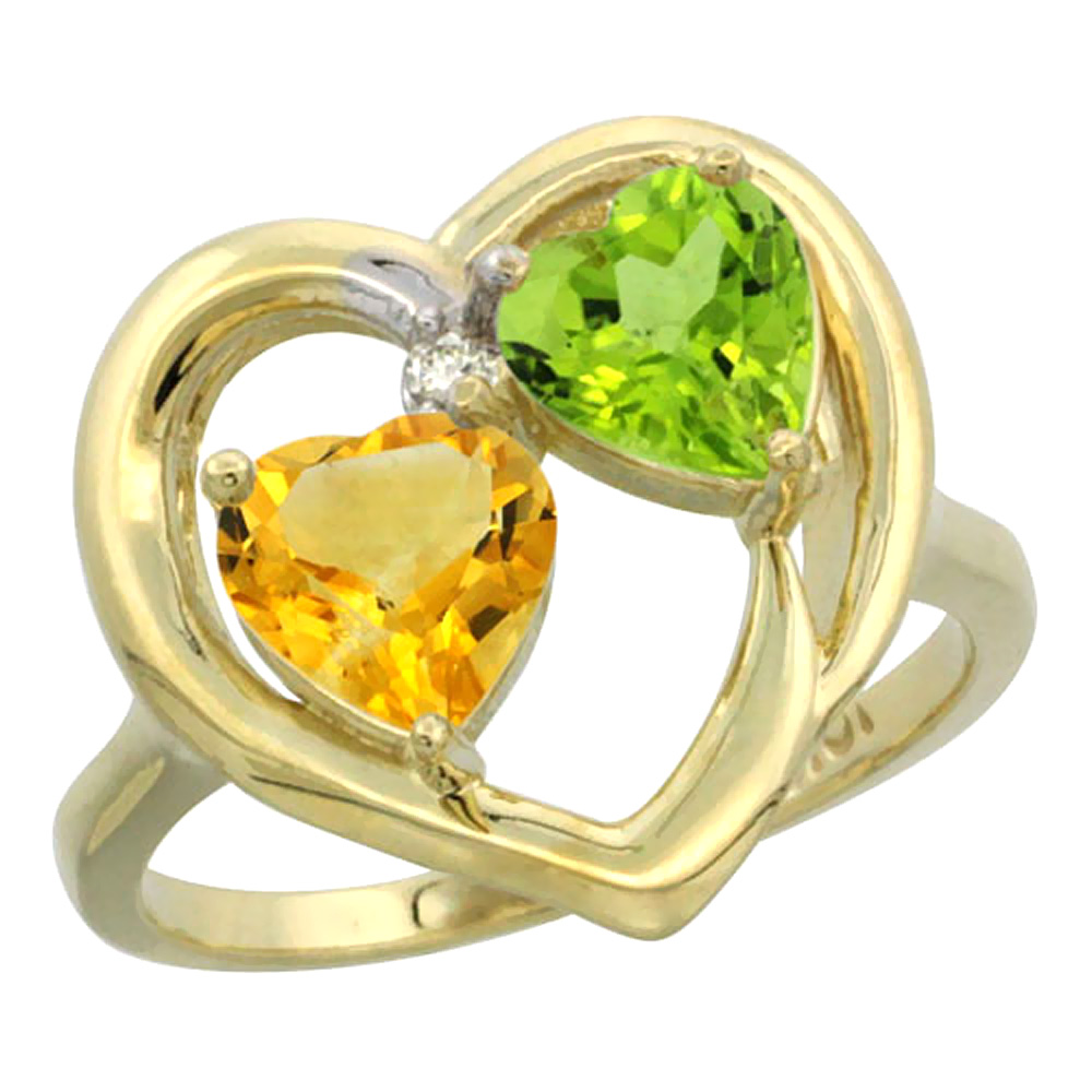 10K Yellow Gold Diamond Two-stone Heart Ring 6mm Natural Citrine &amp; Peridot, sizes 5-10