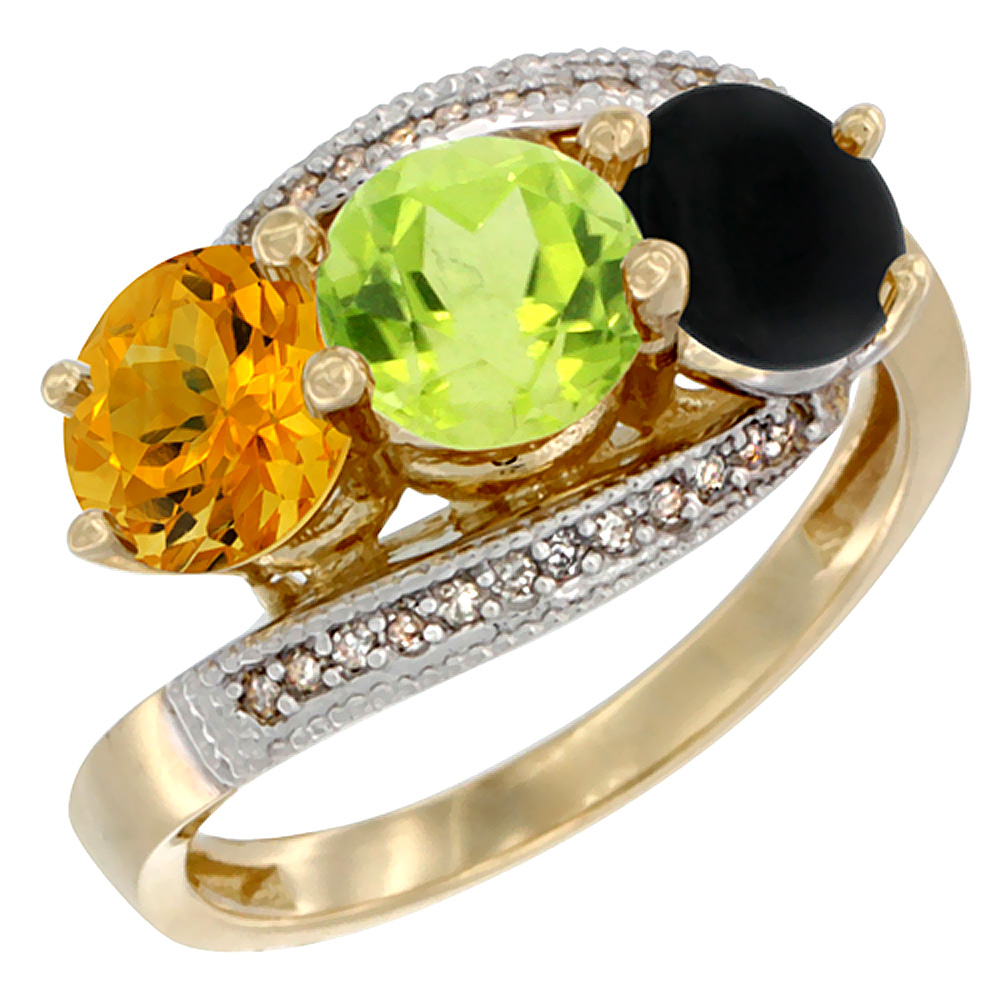 10K Yellow Gold Natural Citrine, Peridot & Black Onyx 3 stone Ring Round 6mm Diamond Accent, sizes 5 - 10
