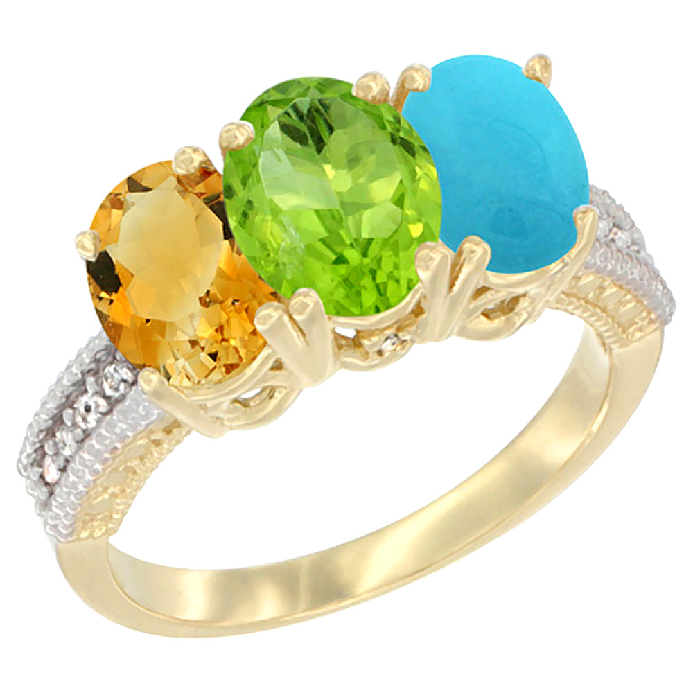14K Yellow Gold Natural Citrine, Peridot &amp; Turquoise Ring 3-Stone 7x5 mm Oval Diamond Accent, sizes 5 - 10