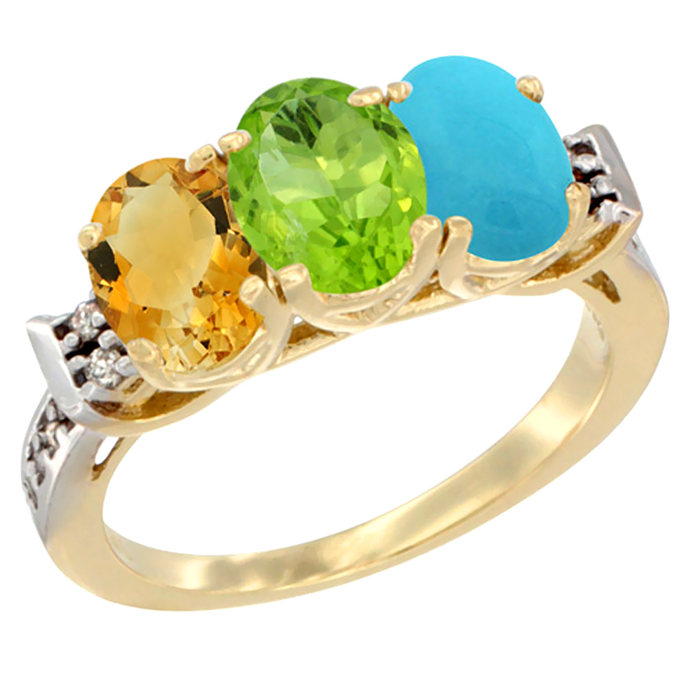 10K Yellow Gold Natural Citrine, Peridot &amp; Turquoise Ring 3-Stone Oval 7x5 mm Diamond Accent, sizes 5 - 10