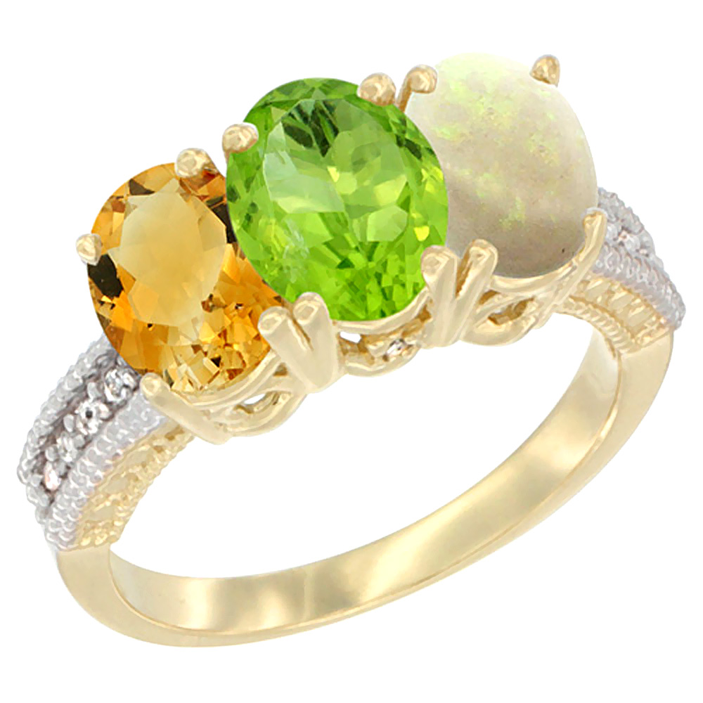 14K Yellow Gold Natural Citrine, Peridot & Opal Ring 3-Stone 7x5 mm Oval Diamond Accent, sizes 5 - 10