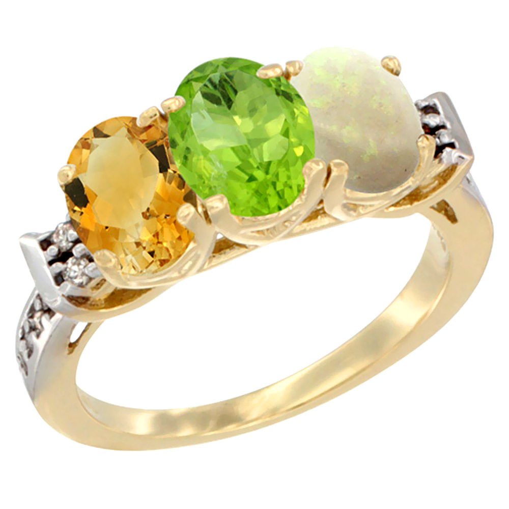 10K Yellow Gold Natural Citrine, Peridot & Opal Ring 3-Stone Oval 7x5 mm Diamond Accent, sizes 5 - 10