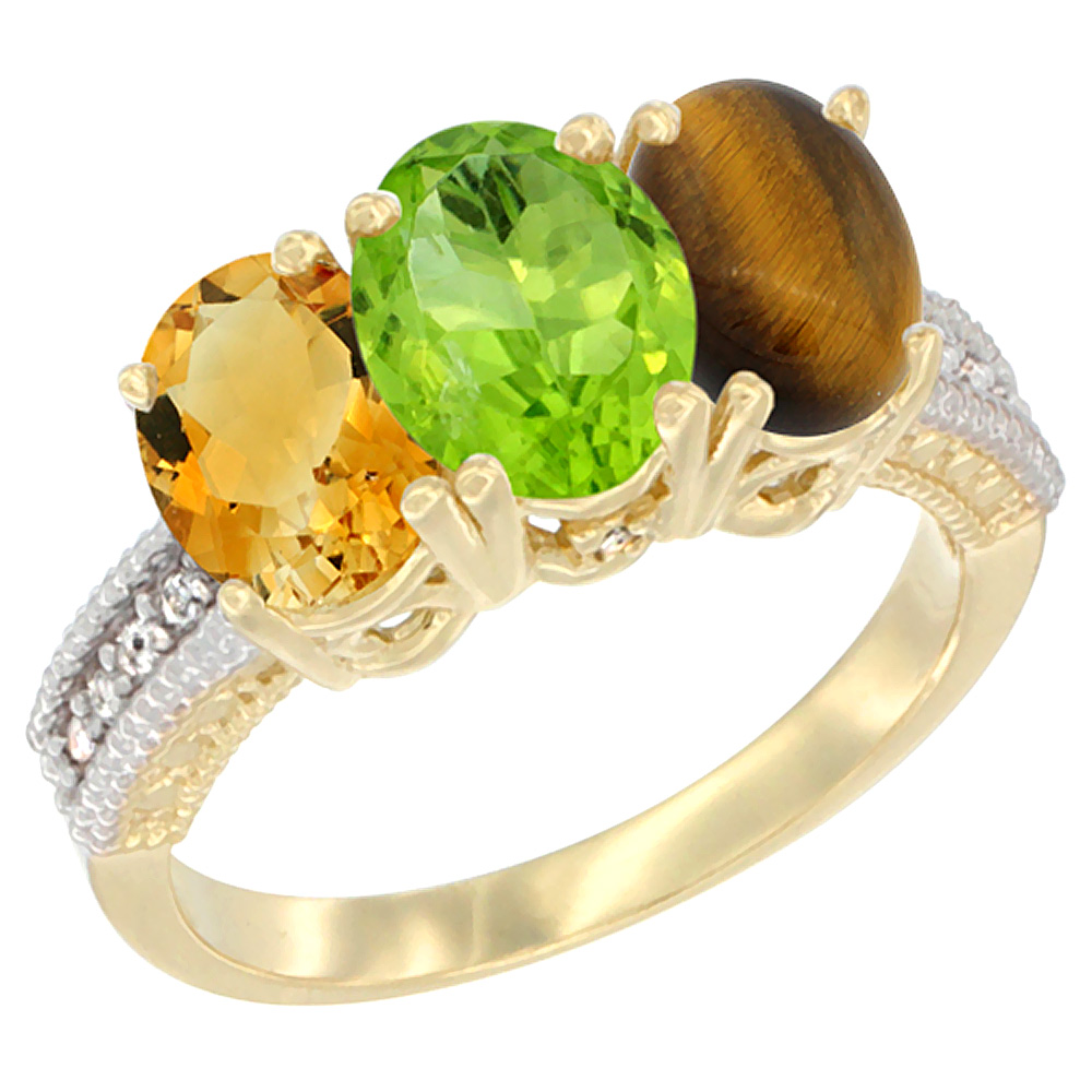 14K Yellow Gold Natural Citrine, Peridot &amp; Tiger Eye Ring 3-Stone 7x5 mm Oval Diamond Accent, sizes 5 - 10