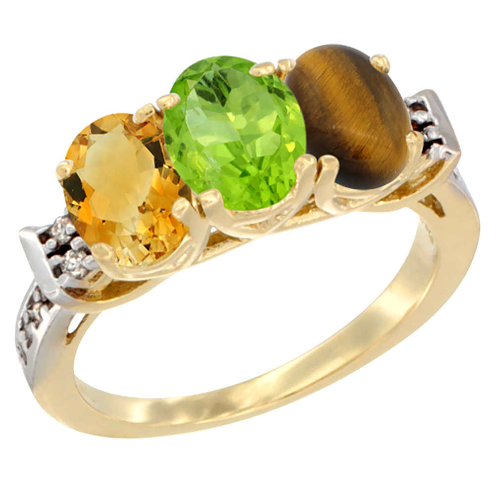 14K Yellow Gold Natural Citrine, Peridot & Tiger Eye Ring 3-Stone 7x5 mm Oval Diamond Accent, sizes 5 - 10