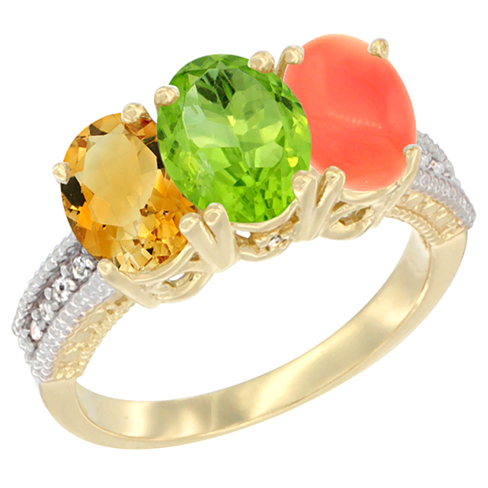 14K Yellow Gold Natural Citrine, Peridot &amp; Coral Ring 3-Stone 7x5 mm Oval Diamond Accent, sizes 5 - 10