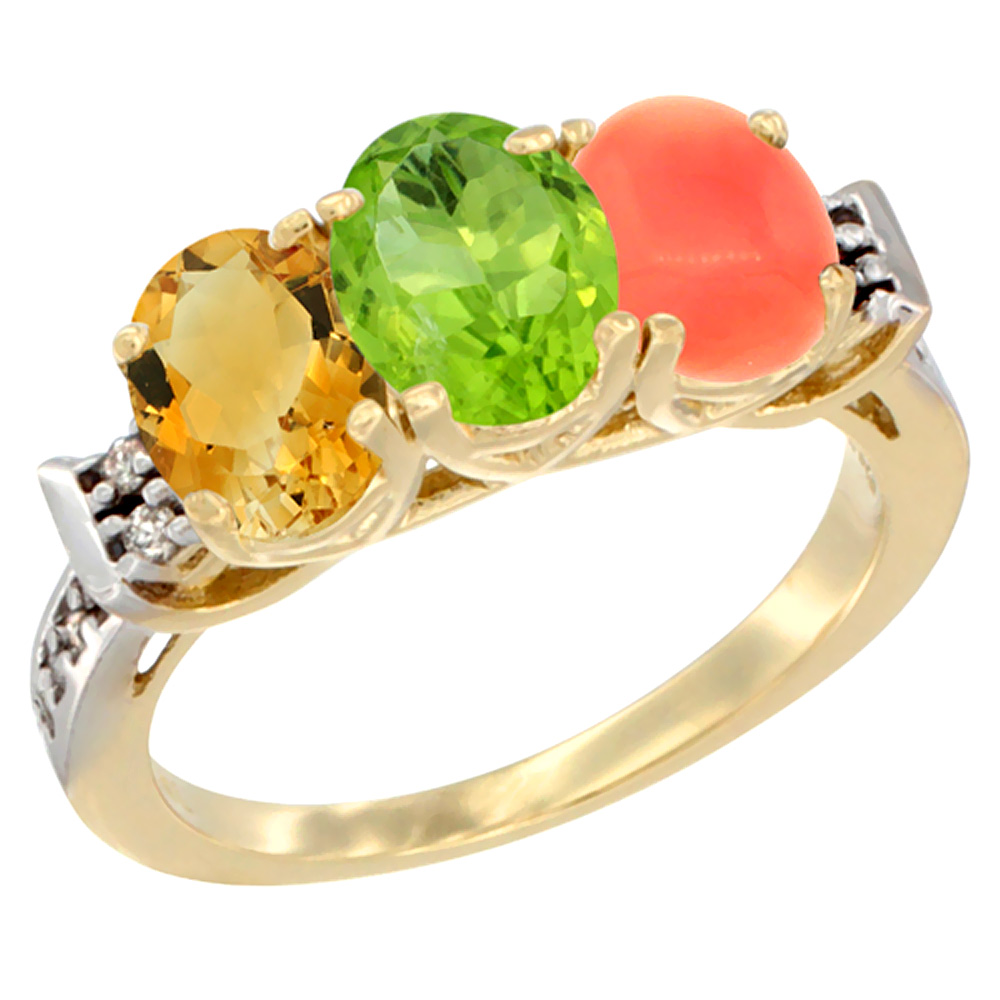 10K Yellow Gold Natural Citrine, Peridot &amp; Coral Ring 3-Stone Oval 7x5 mm Diamond Accent, sizes 5 - 10