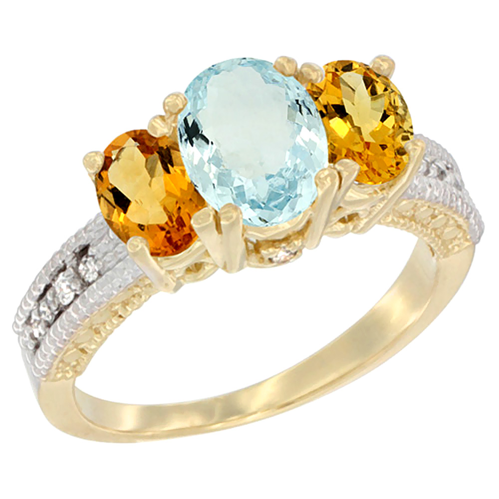 10K Yellow Gold Diamond Natural Aquamarine Ring Oval 3-stone with Citrine, sizes 5 - 10