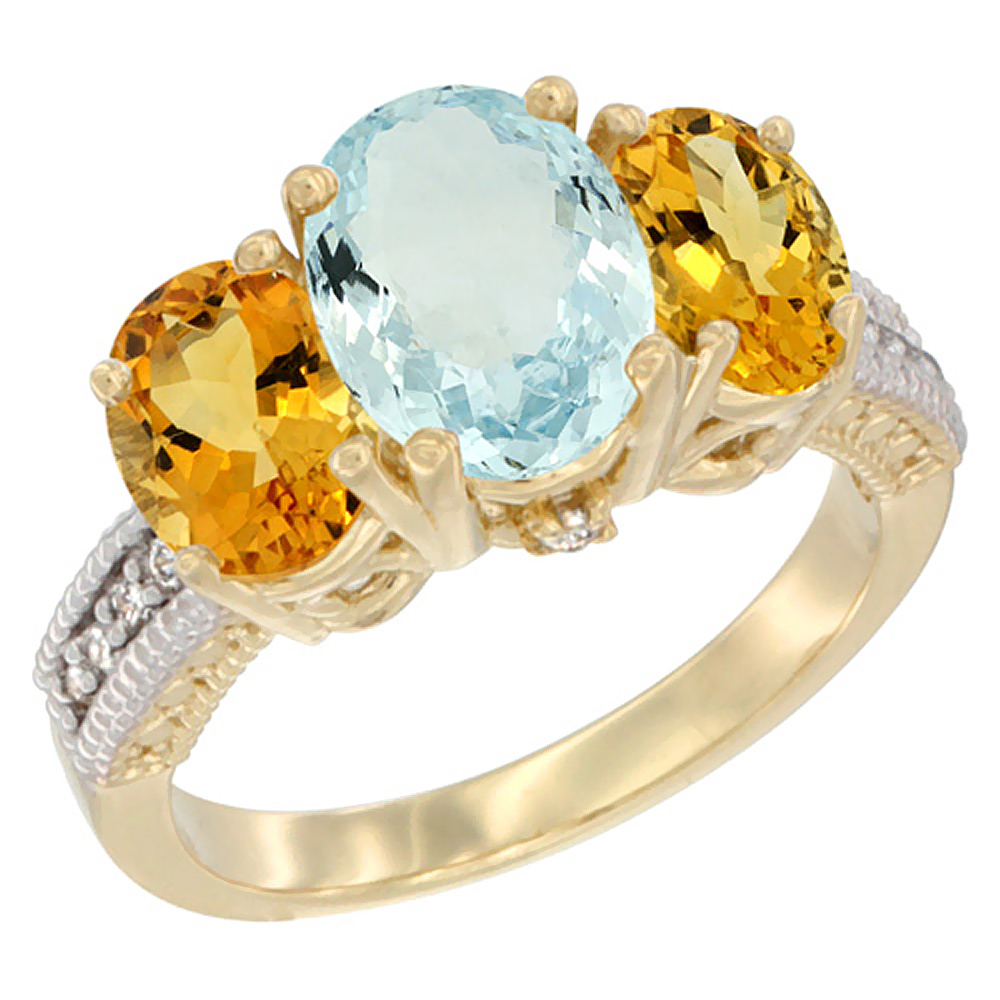 10K Yellow Gold Diamond Natural Aquamarine Ring 3-Stone Oval 8x6mm with Citrine, sizes5-10