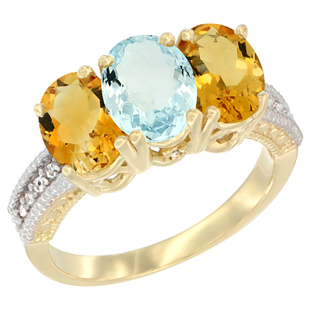 10K Yellow Gold Diamond Natural Aquamarine & Citrine Ring 3-Stone 7x5 mm Oval, sizes 5 - 10
