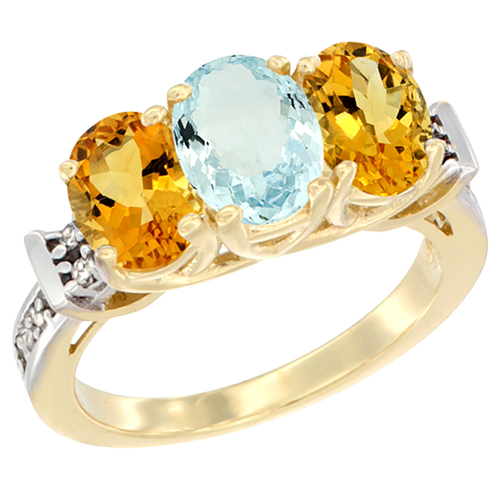 14K Yellow Gold Natural Aquamarine & Citrine Sides Ring 3-Stone Oval Diamond Accent, sizes 5 - 10