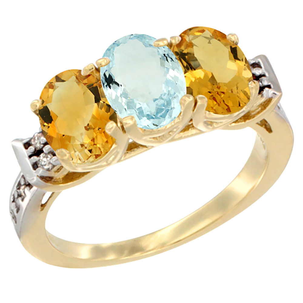14K Yellow Gold Natural Aquamarine & Citrine Sides Ring 3-Stone 7x5 mm Oval Diamond Accent, sizes 5 - 10