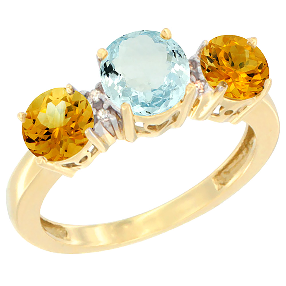 10K Yellow Gold Round 3-Stone Natural Aquamarine Ring & Citrine Sides Diamond Accent, sizes 5 - 10