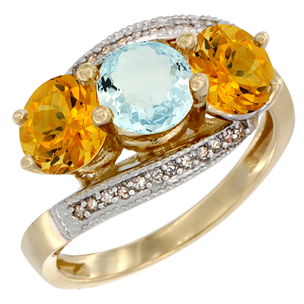 14K Yellow Gold Natural Aquamarine & Citrine Sides 3 stone Ring Round 6mm Diamond Accent, sizes 5 - 10